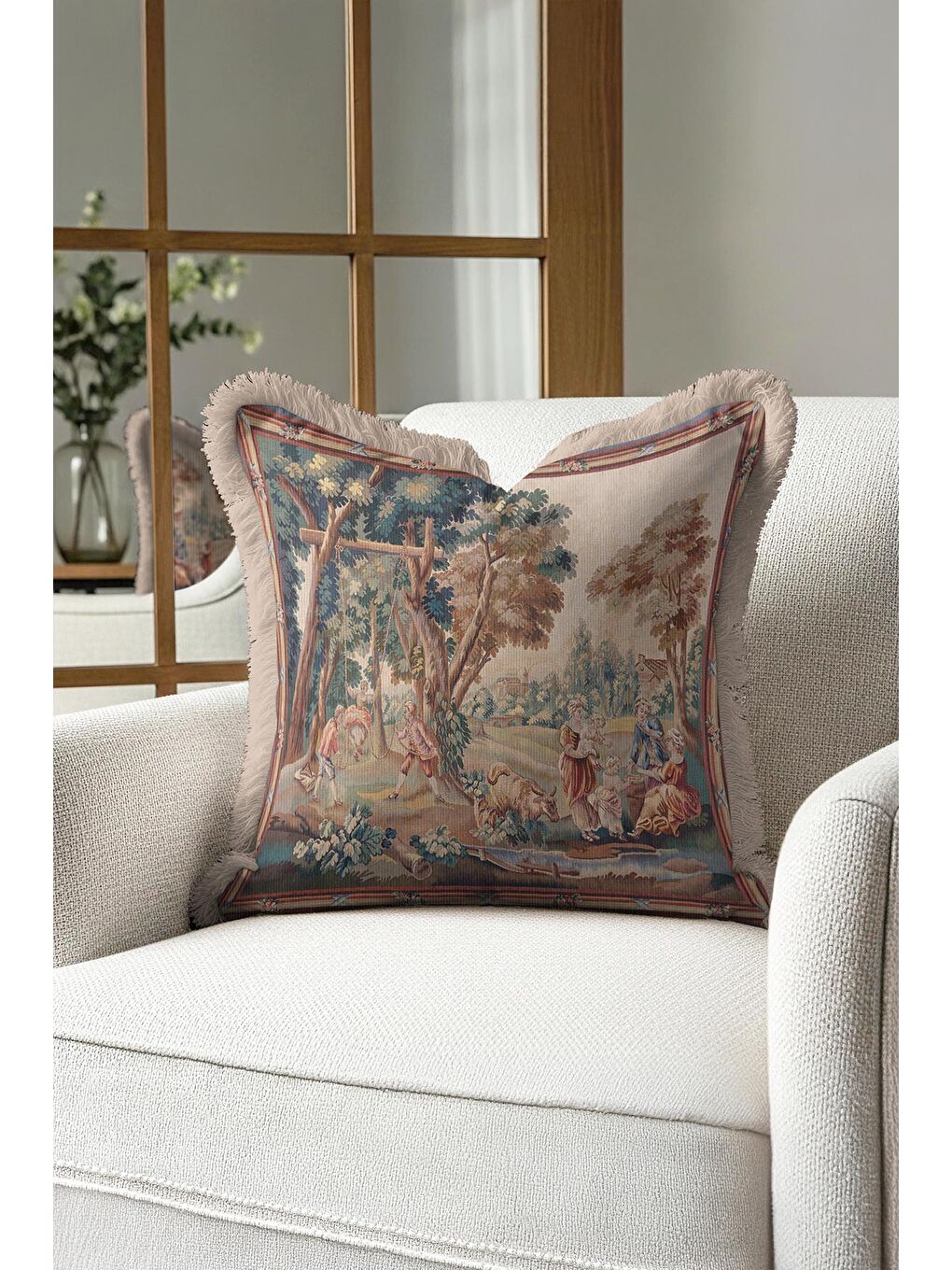 Karışık Avangart Fransız Saçaklı Yastık Kılıfı - Vintage Klasik Rustik Bej Püsküllü Kırlent Kılıfı-3