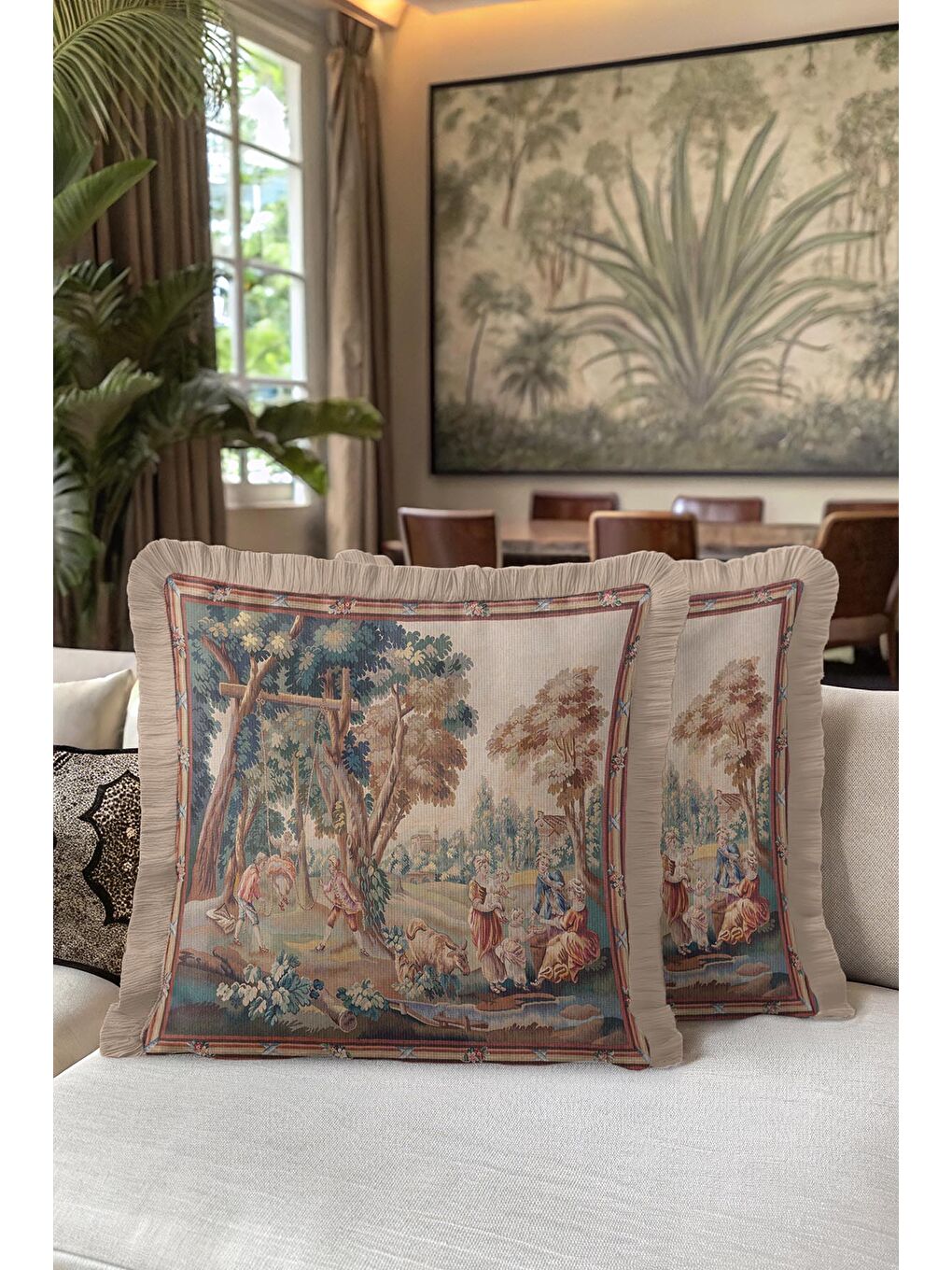 Karışık Avangart Fransız Saçaklı Yastık Kılıfı - Vintage Klasik Rustik Bej Püsküllü Kırlent Kılıfı-5