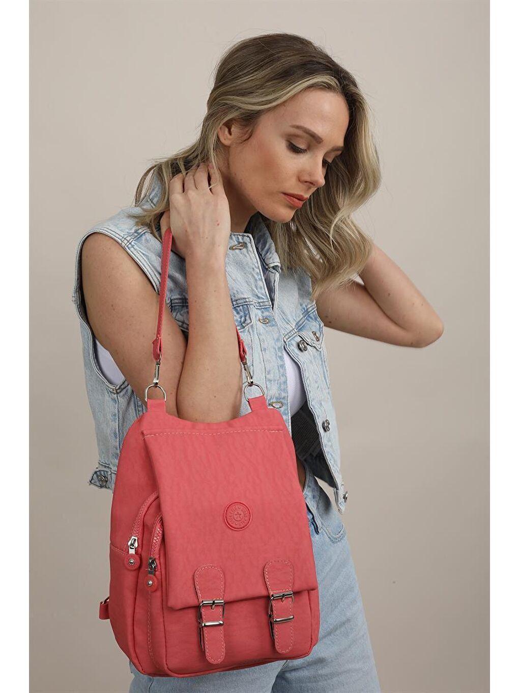 Kırmızı Nar Çiçeği Kadın Krinkıl Kumaş Okul El Ve Sırt Çantası-2