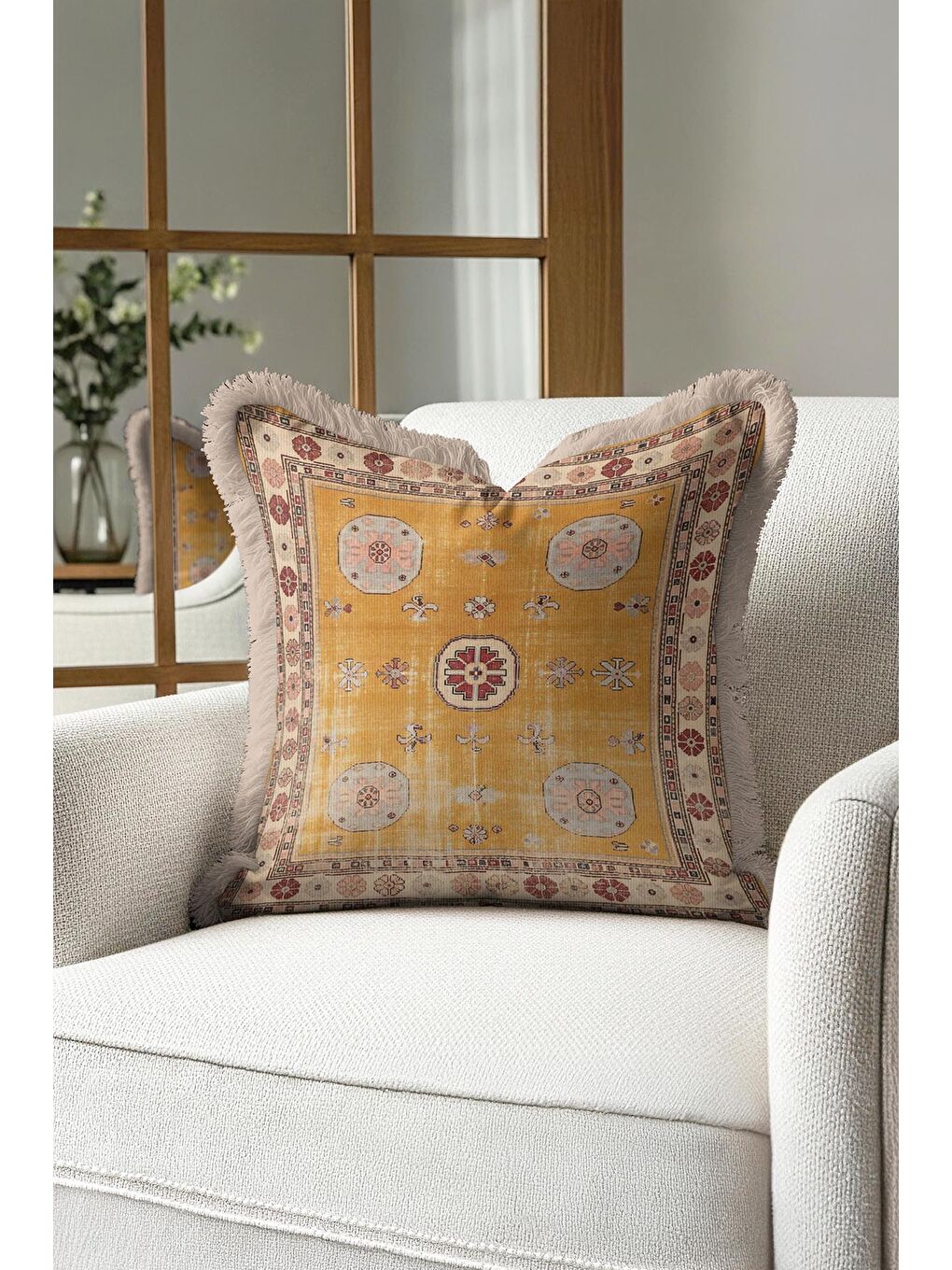 Karışık Saray Halı Motifli Saçaklı Yastık Kılıfı - Vintage Rustik Altın Renkli Püsküllü Kırlent Kılıfı-1
