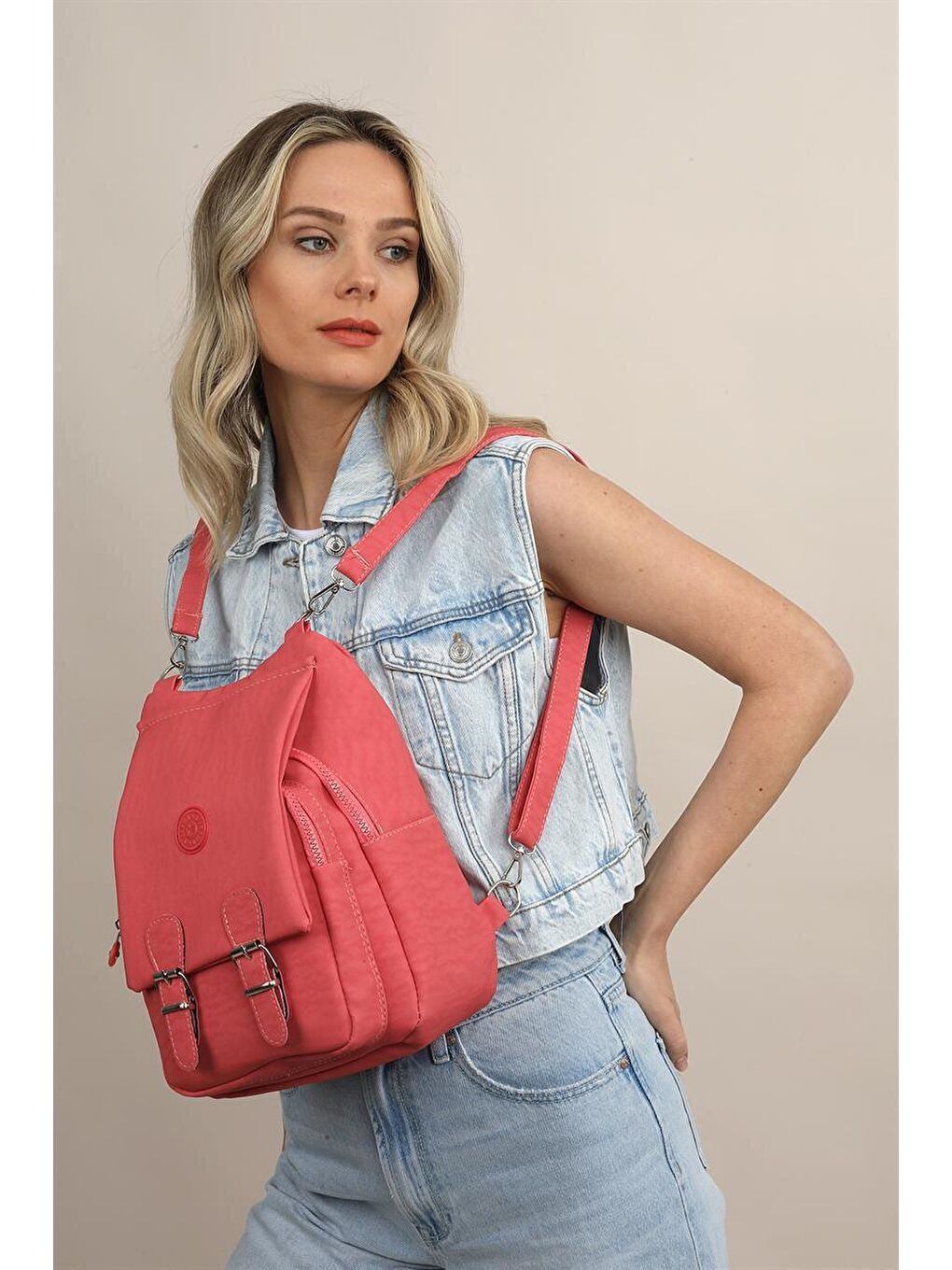 Kırmızı Nar Çiçeği Kadın Krinkıl Kumaş Okul El Ve Sırt Çantası-4