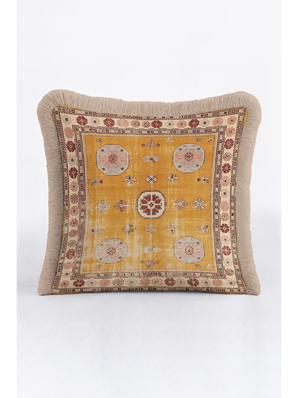 Karışık Saray Halı Motifli Saçaklı Yastık Kılıfı - Vintage Rustik Altın Renkli Püsküllü Kırlent Kılıfı-2