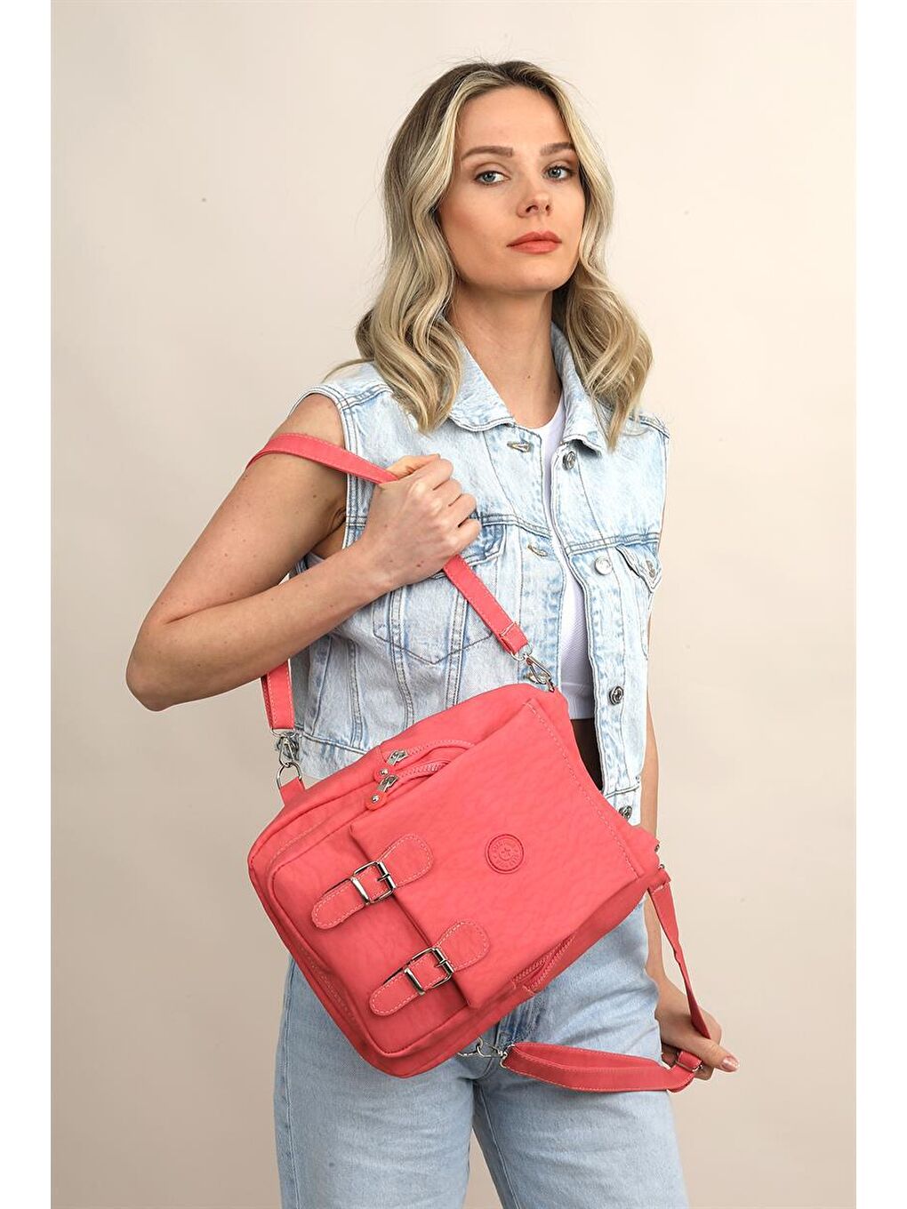 Kırmızı Nar Çiçeği Kadın Krinkıl Kumaş Okul El Ve Sırt Çantası-5