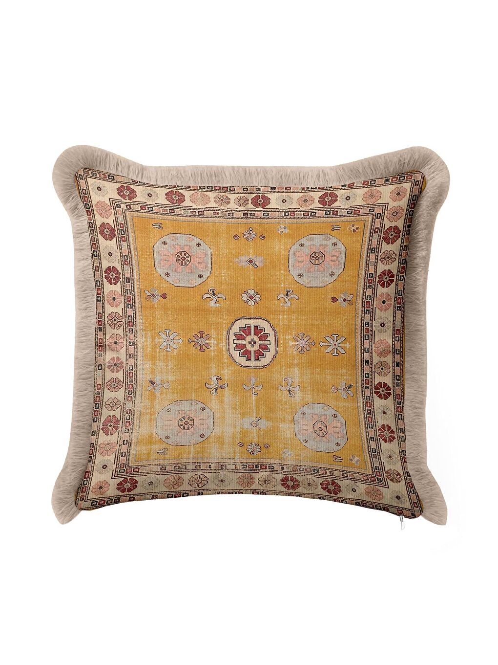 Karışık Saray Halı Motifli Saçaklı Yastık Kılıfı - Vintage Rustik Altın Renkli Püsküllü Kırlent Kılıfı-3