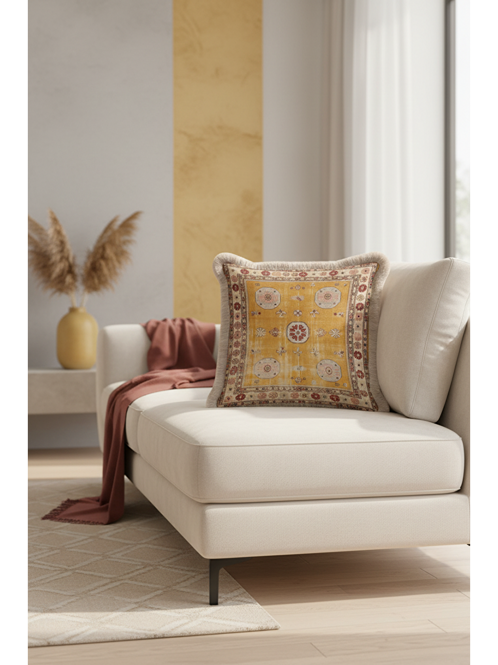 Karışık Saray Halı Motifli Saçaklı Yastık Kılıfı - Vintage Rustik Altın Renkli Püsküllü Kırlent Kılıfı-4