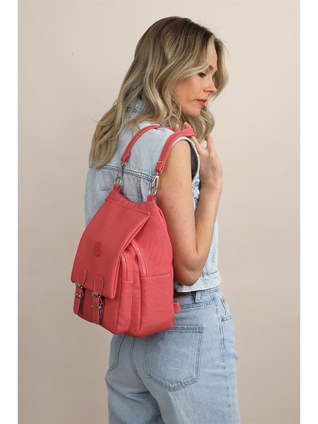 Kırmızı Nar Çiçeği Kadın Krinkıl Kumaş Okul El Ve Sırt Çantası-7