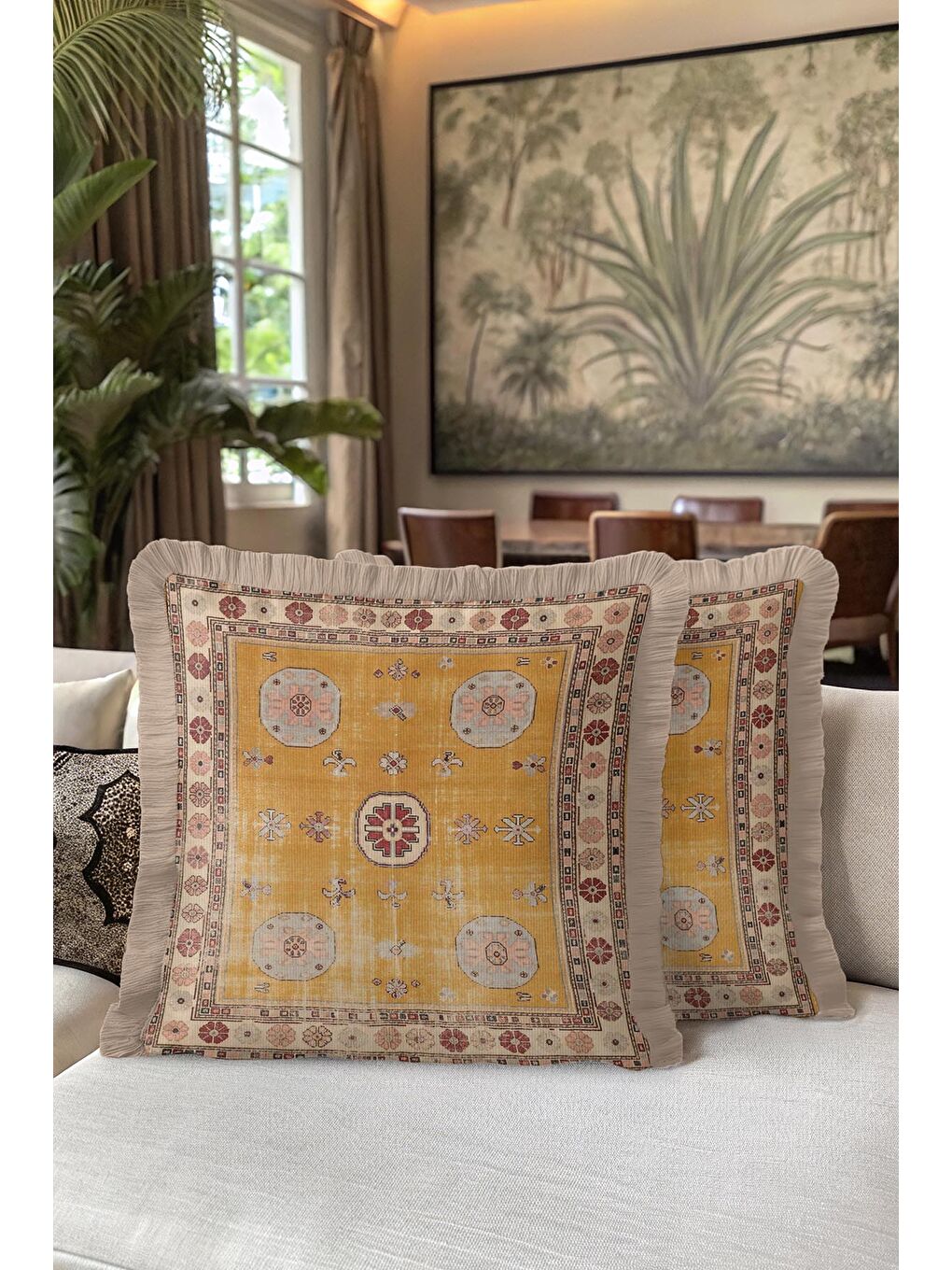 Karışık Saray Halı Motifli Saçaklı Yastık Kılıfı - Vintage Rustik Altın Renkli Püsküllü Kırlent Kılıfı-5