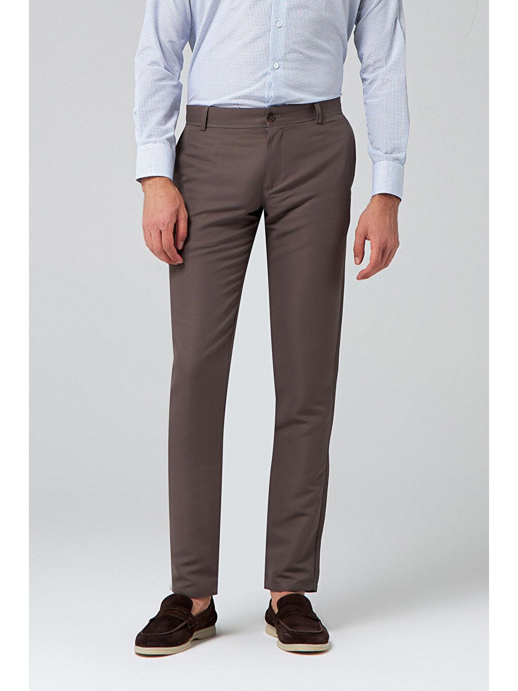 Slim Fit Gri Armürlü Yandan Cepli Pamuklu Chino Pantolon