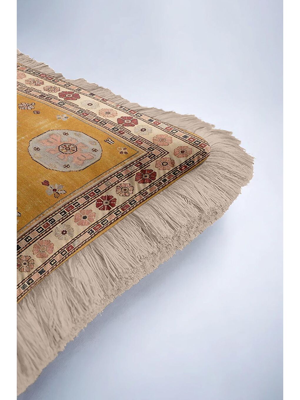 Karışık Saray Halı Motifli Saçaklı Yastık Kılıfı - Vintage Rustik Altın Renkli Püsküllü Kırlent Kılıfı-6