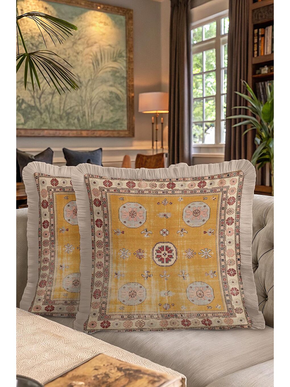 Karışık Saray Halı Motifli Saçaklı Yastık Kılıfı - Vintage Rustik Altın Renkli Püsküllü Kırlent Kılıfı-7