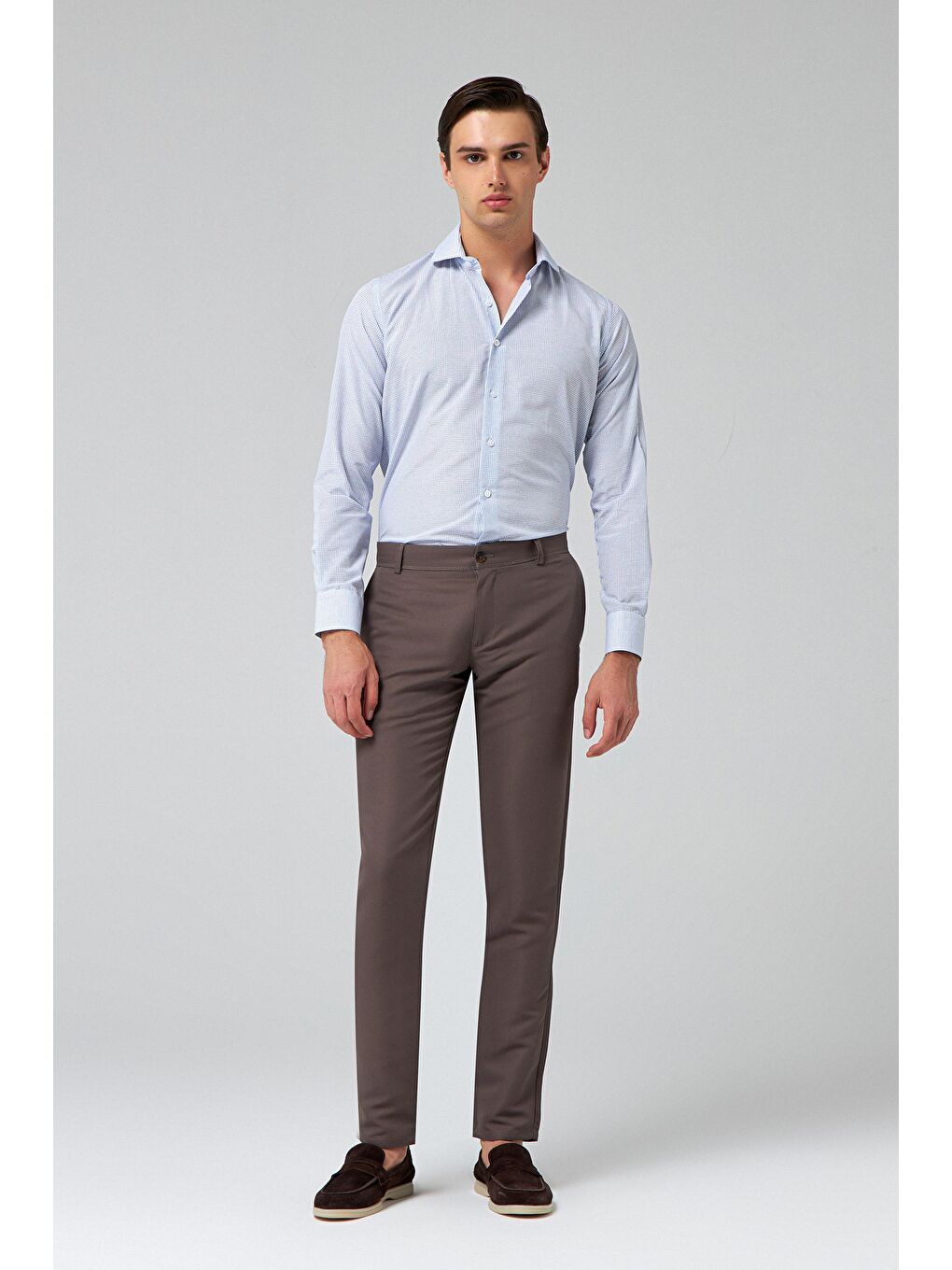 Slim Fit Gri Armürlü Yandan Cepli Pamuklu Chino Pantolon-2