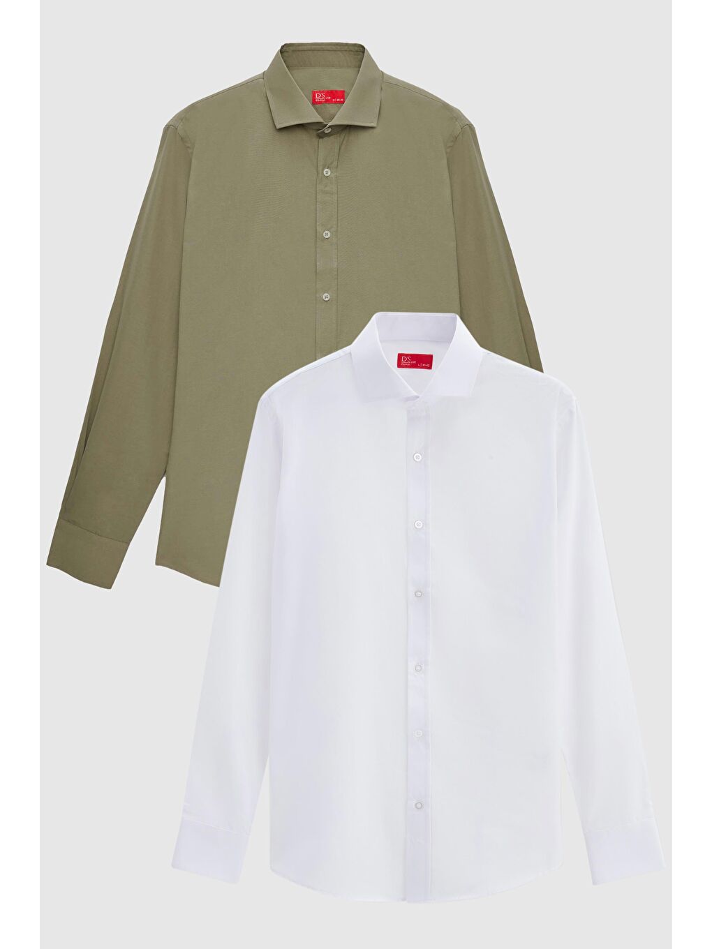 Slim Fit Haki İtalyan Yaka Kolay Ütülenebilir 2'li Gömlek-4