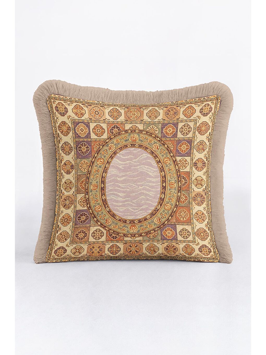 Karışık Lüks Saray Stil Saçaklı Yastık Kılıfı - Vintage Etnik Motif Bej Altın Renkli Püsküllü Kırlent Kılıfı