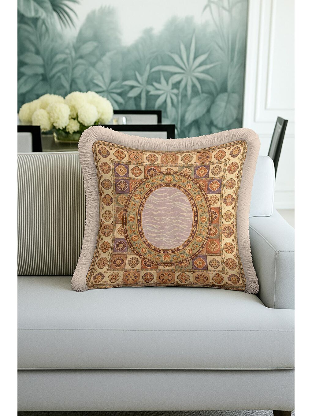 Karışık Lüks Saray Stil Saçaklı Yastık Kılıfı - Vintage Etnik Motif Bej Altın Renkli Püsküllü Kırlent Kılıfı-1