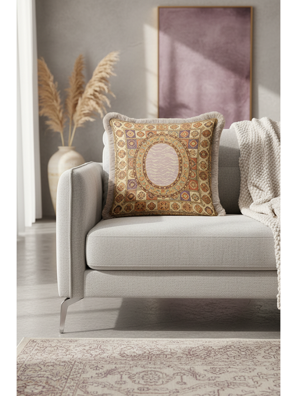 Karışık Lüks Saray Stil Saçaklı Yastık Kılıfı - Vintage Etnik Motif Bej Altın Renkli Püsküllü Kırlent Kılıfı-2