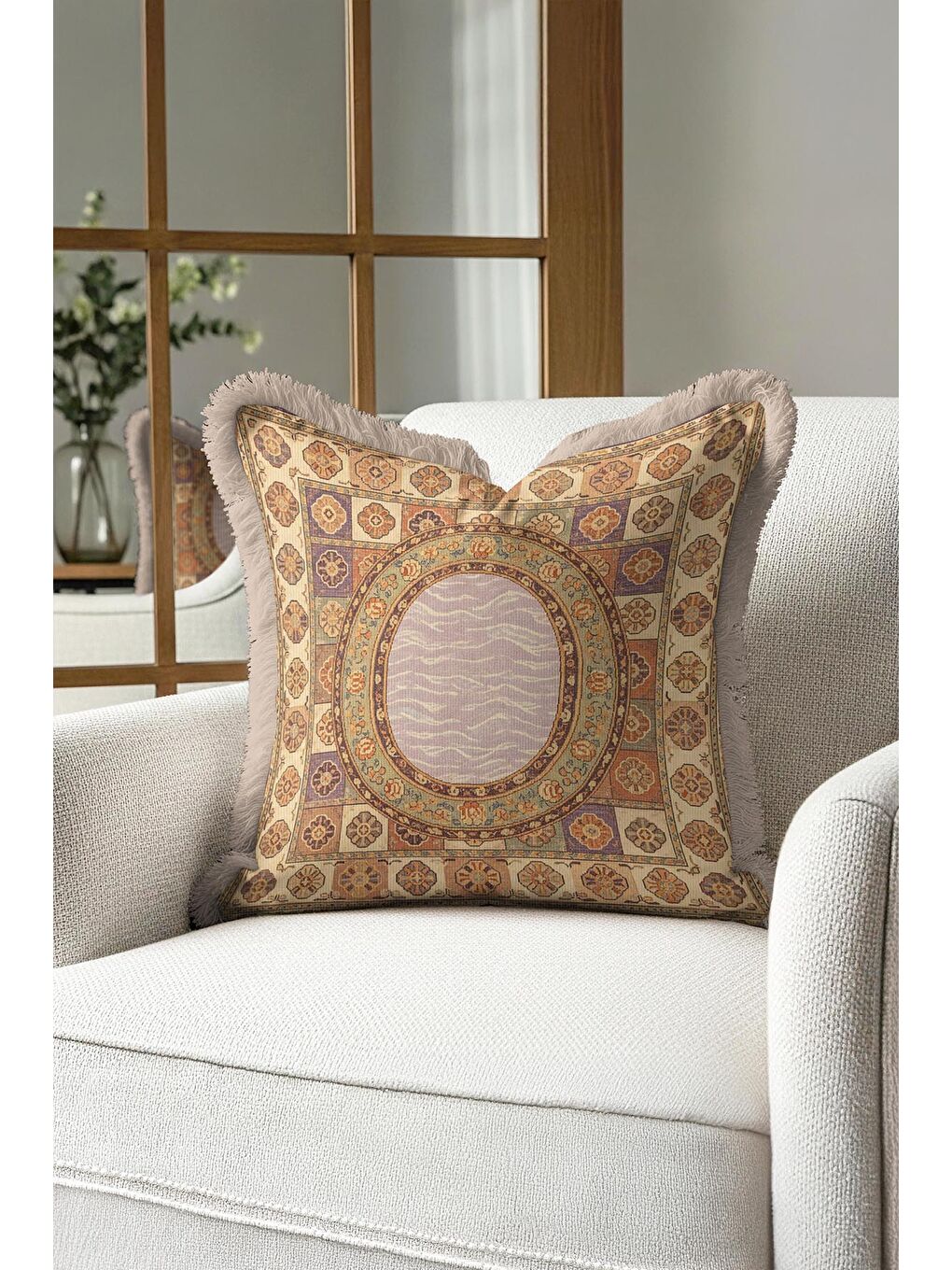 Karışık Lüks Saray Stil Saçaklı Yastık Kılıfı - Vintage Etnik Motif Bej Altın Renkli Püsküllü Kırlent Kılıfı-3