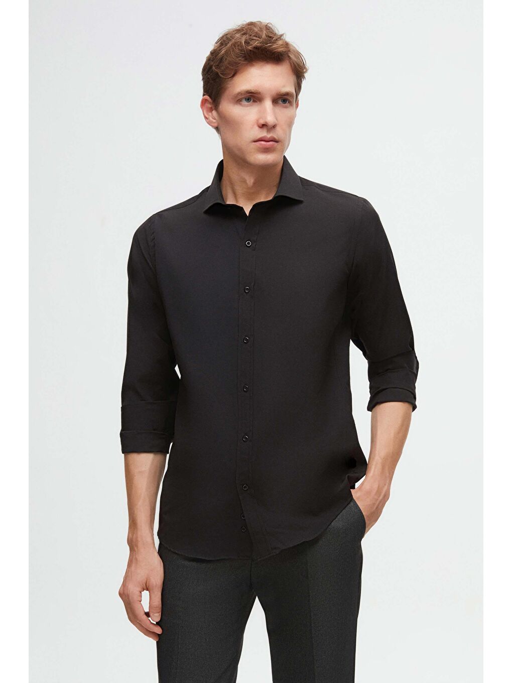 Slim Fit Siyah İtalyan Yaka Kolay Ütülenebilir 2'li Gömlek-3