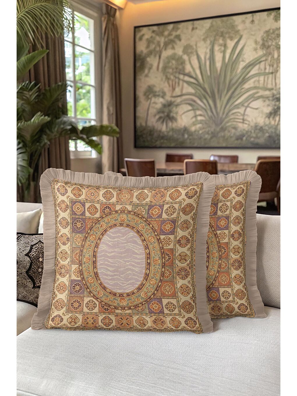 Karışık Lüks Saray Stil Saçaklı Yastık Kılıfı - Vintage Etnik Motif Bej Altın Renkli Püsküllü Kırlent Kılıfı-5