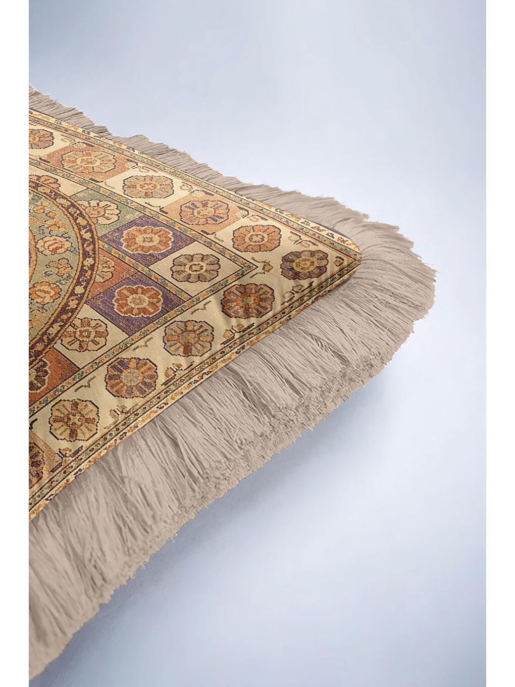 Karışık Lüks Saray Stil Saçaklı Yastık Kılıfı - Vintage Etnik Motif Bej Altın Renkli Püsküllü Kırlent Kılıfı-6