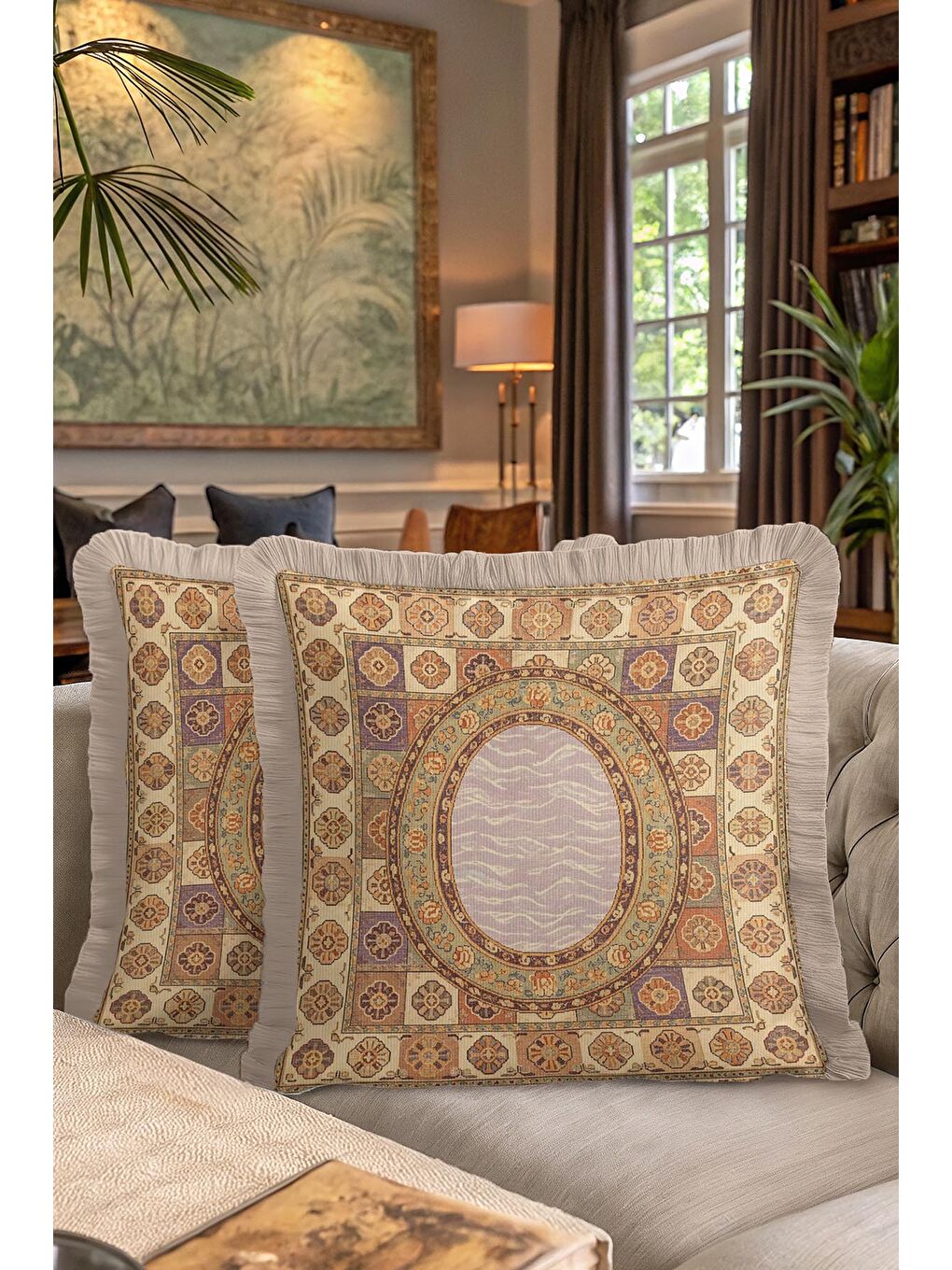 Karışık Lüks Saray Stil Saçaklı Yastık Kılıfı - Vintage Etnik Motif Bej Altın Renkli Püsküllü Kırlent Kılıfı-7