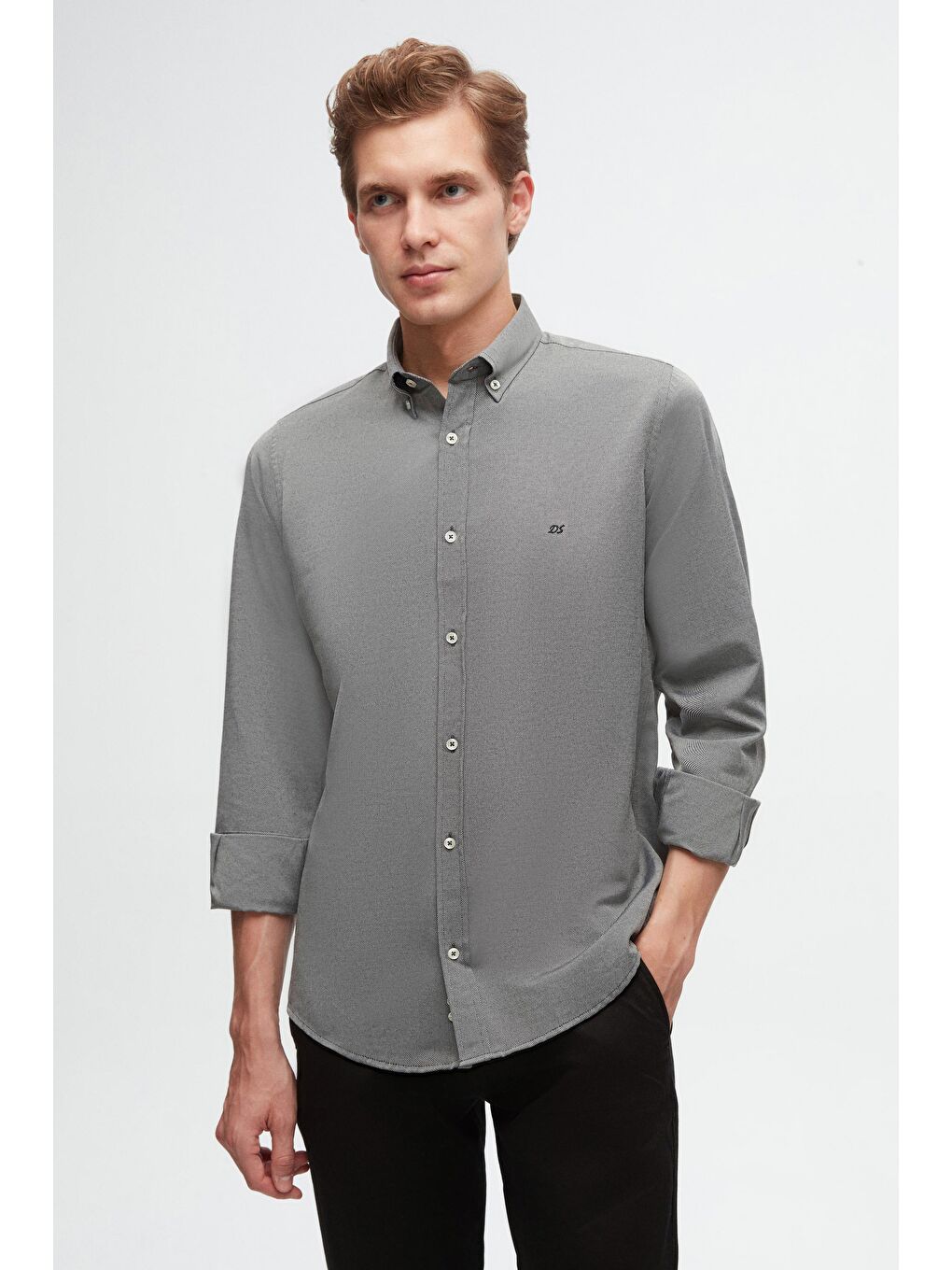 Slim Fit Antrasit Oxford Düğmeli Yaka Kolay Ütülenebilir Nakış Detaylı Pamuklu Gömlek
