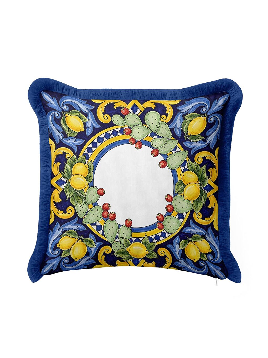 Karışık Akdeniz Limon Motifli Saçaklı Yastık Kılıfı - Sicilya Vintage Mavi Sarı Püsküllü Kırlent Kılıfı