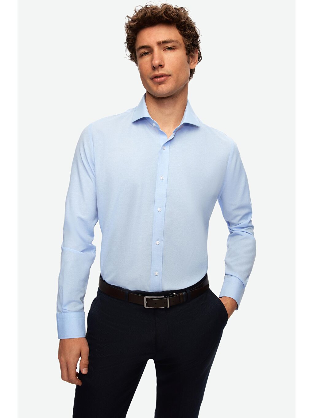 Slim Fit Bej İtalyan Yaka Kolay Ütülenebilir 2'li Gömlek-1