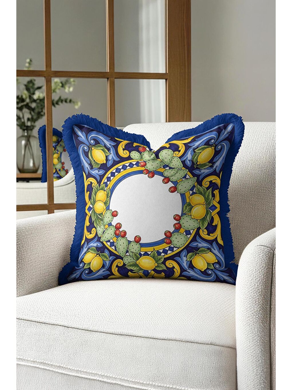 Karışık Akdeniz Limon Motifli Saçaklı Yastık Kılıfı - Sicilya Vintage Mavi Sarı Püsküllü Kırlent Kılıfı-1