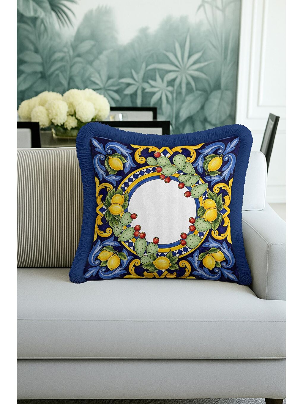 Karışık Akdeniz Limon Motifli Saçaklı Yastık Kılıfı - Sicilya Vintage Mavi Sarı Püsküllü Kırlent Kılıfı-2