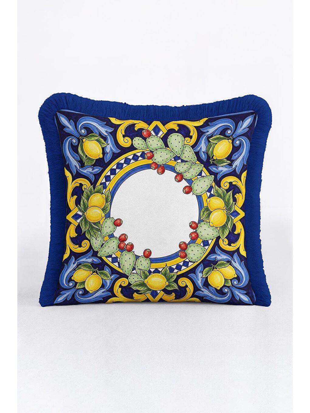 Karışık Akdeniz Limon Motifli Saçaklı Yastık Kılıfı - Sicilya Vintage Mavi Sarı Püsküllü Kırlent Kılıfı-3