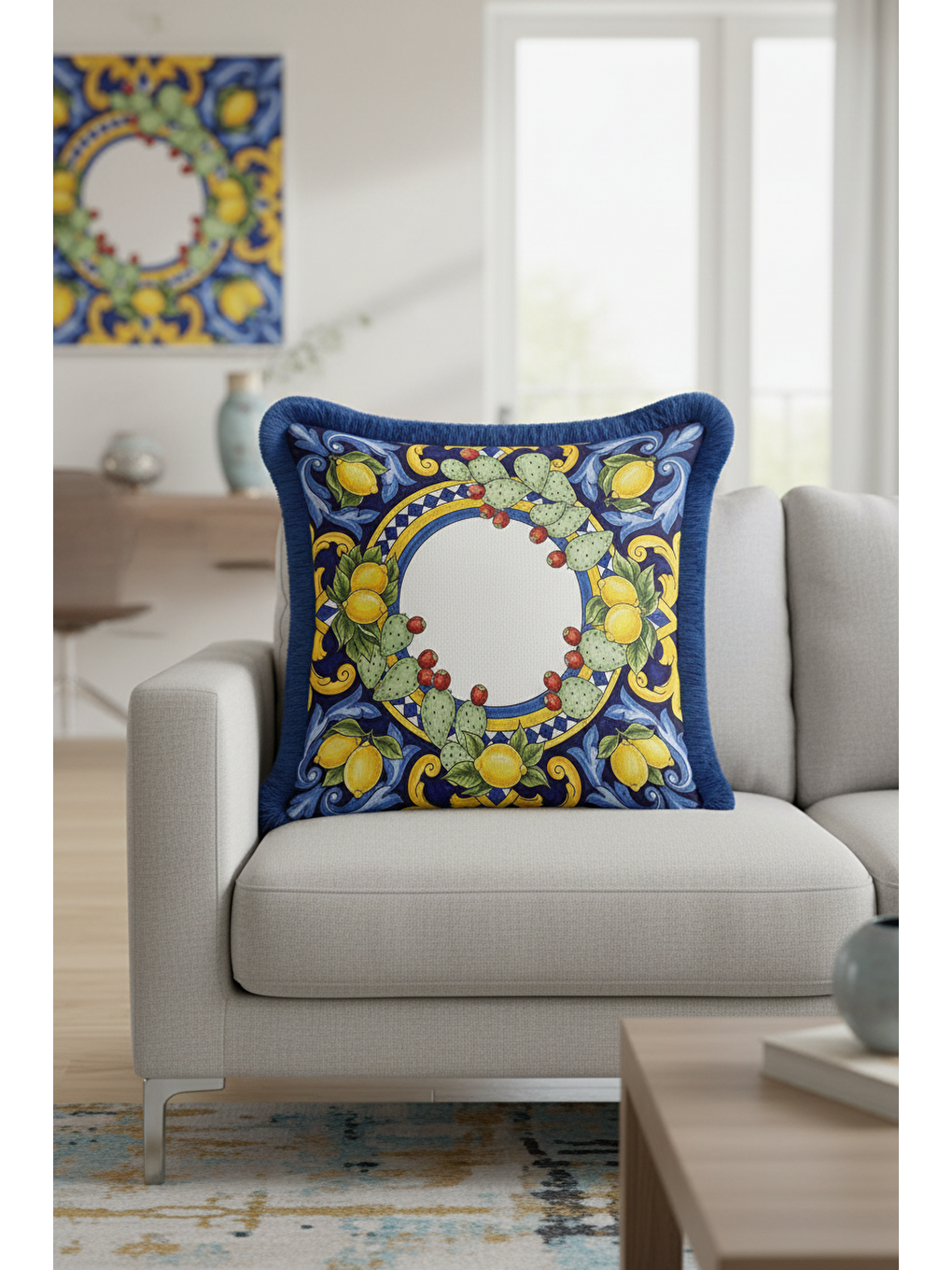 Karışık Akdeniz Limon Motifli Saçaklı Yastık Kılıfı - Sicilya Vintage Mavi Sarı Püsküllü Kırlent Kılıfı-4