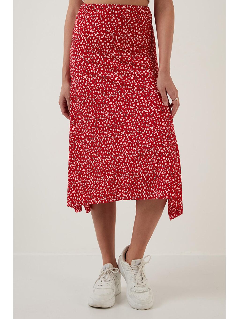 Kırmızı Desenli Volanlı Midi Boy Yırtmaçlı Etek 5864073-1