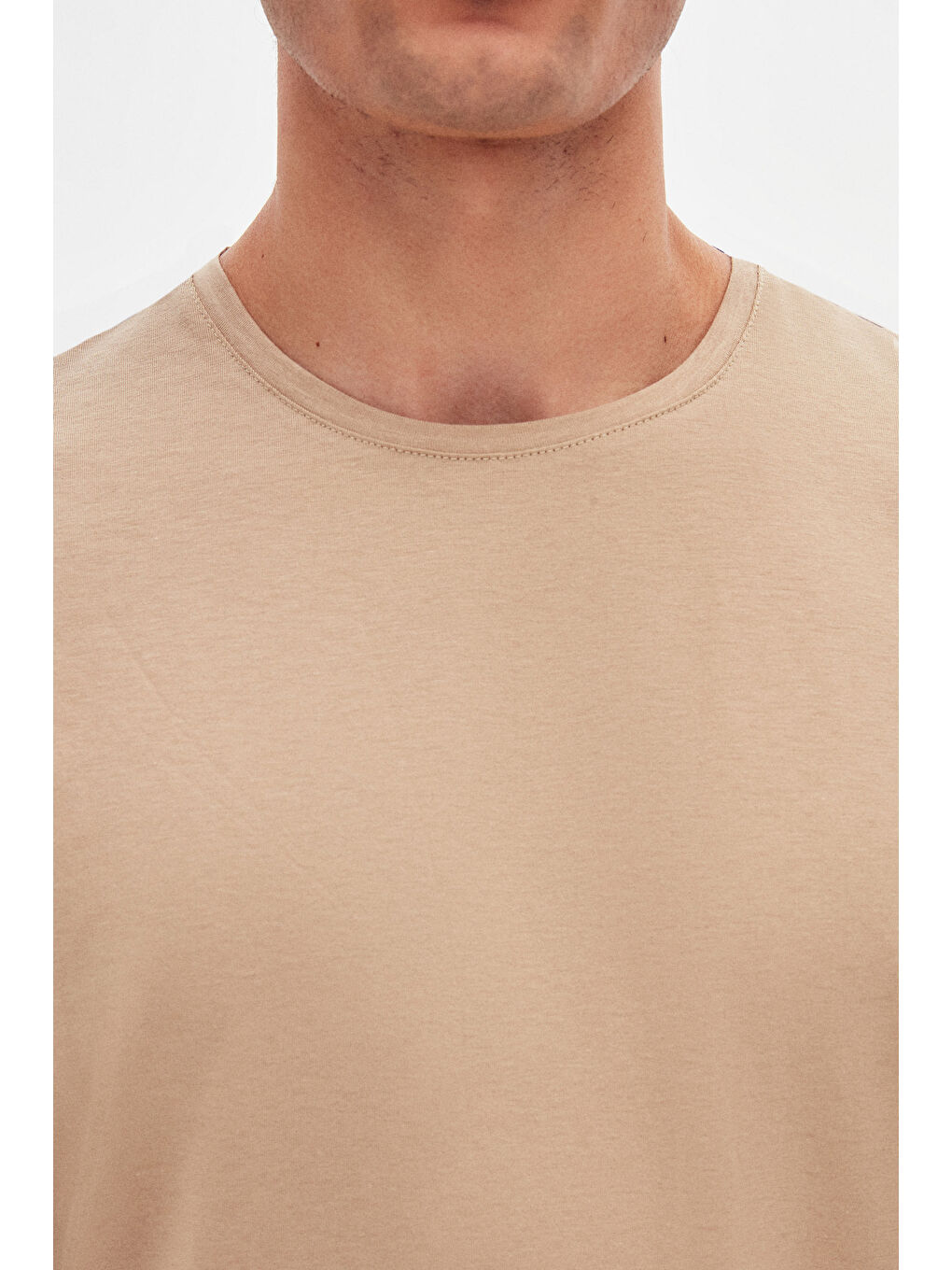 Slim Fit Bej Bisiklet Yaka %100 Pamuklu Nefes Alabilen Tişört-3