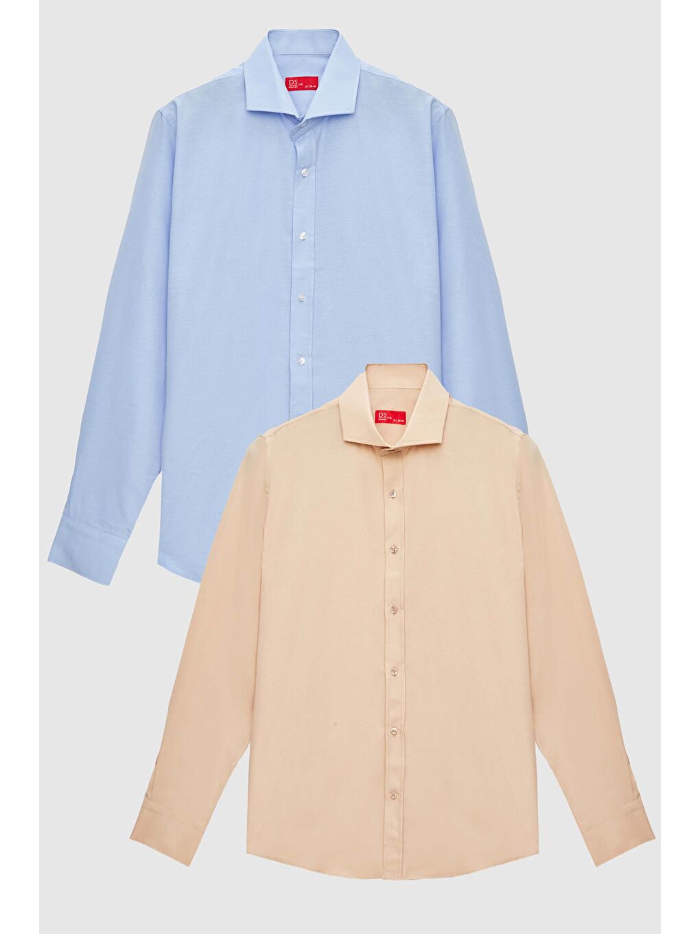 Slim Fit Bej İtalyan Yaka Kolay Ütülenebilir 2'li Gömlek-4