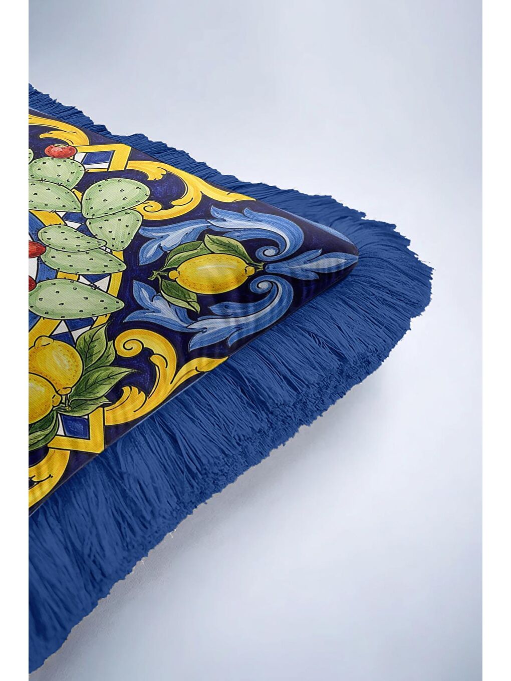 Karışık Akdeniz Limon Motifli Saçaklı Yastık Kılıfı - Sicilya Vintage Mavi Sarı Püsküllü Kırlent Kılıfı-6