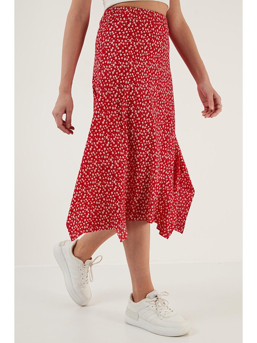 Kırmızı Desenli Volanlı Midi Boy Yırtmaçlı Etek 5864073-2