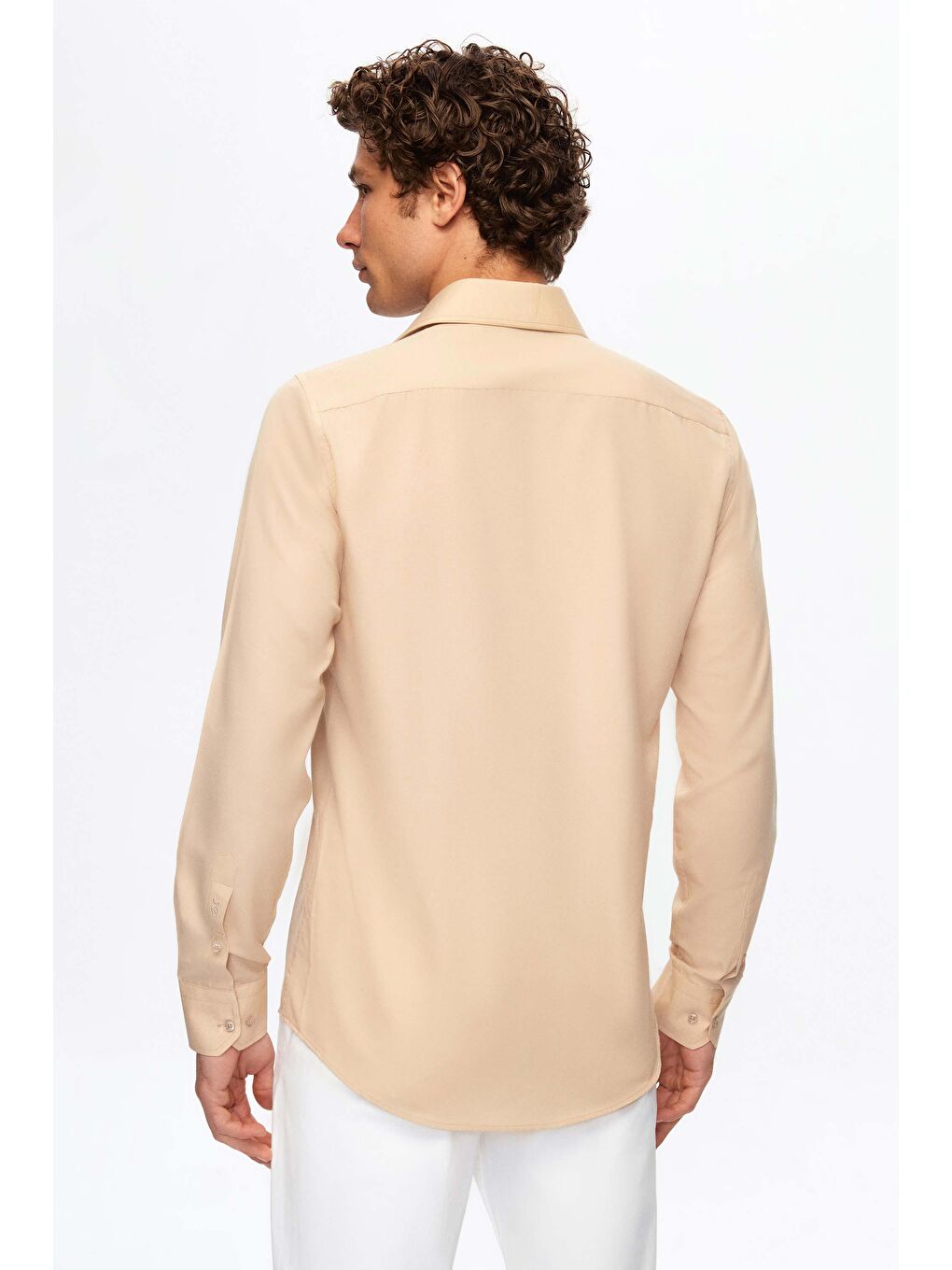 Slim Fit Bej İtalyan Yaka Kolay Ütülenebilir 2'li Gömlek-5