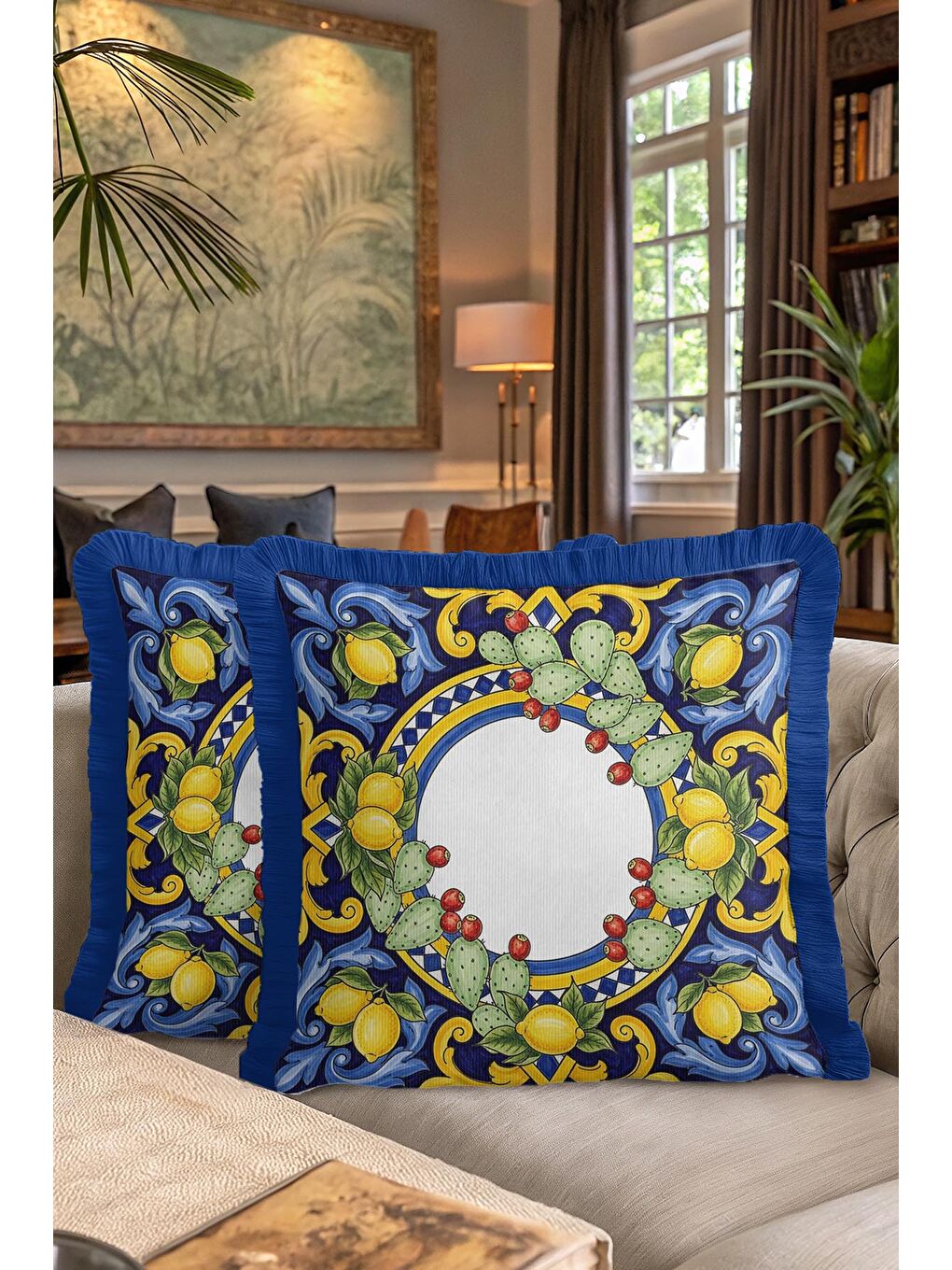 Karışık Akdeniz Limon Motifli Saçaklı Yastık Kılıfı - Sicilya Vintage Mavi Sarı Püsküllü Kırlent Kılıfı-7
