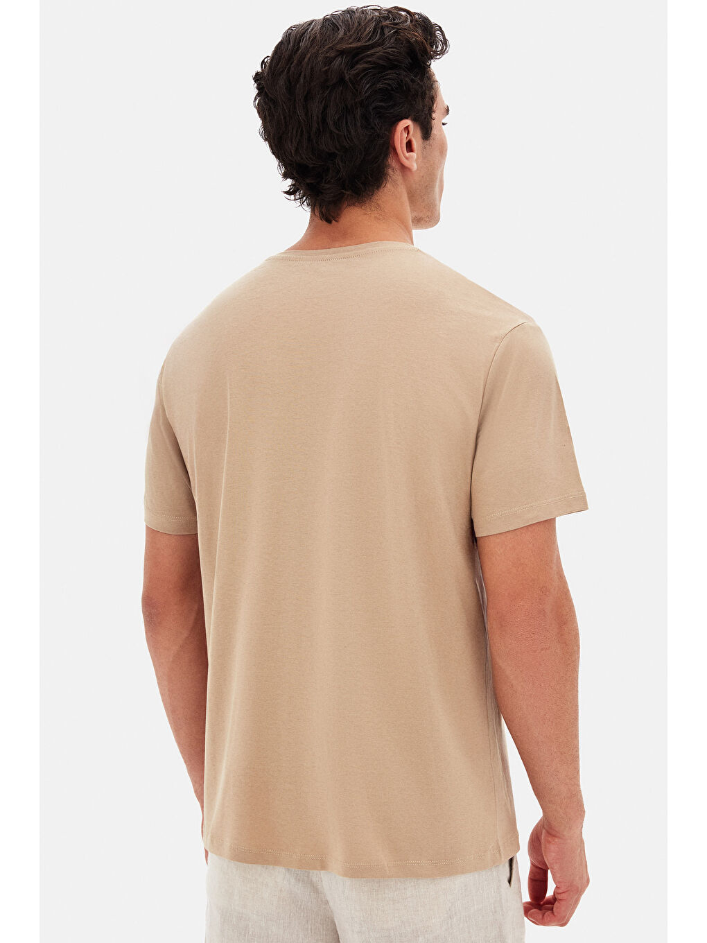 Slim Fit Bej Bisiklet Yaka %100 Pamuklu Nefes Alabilen Tişört-5