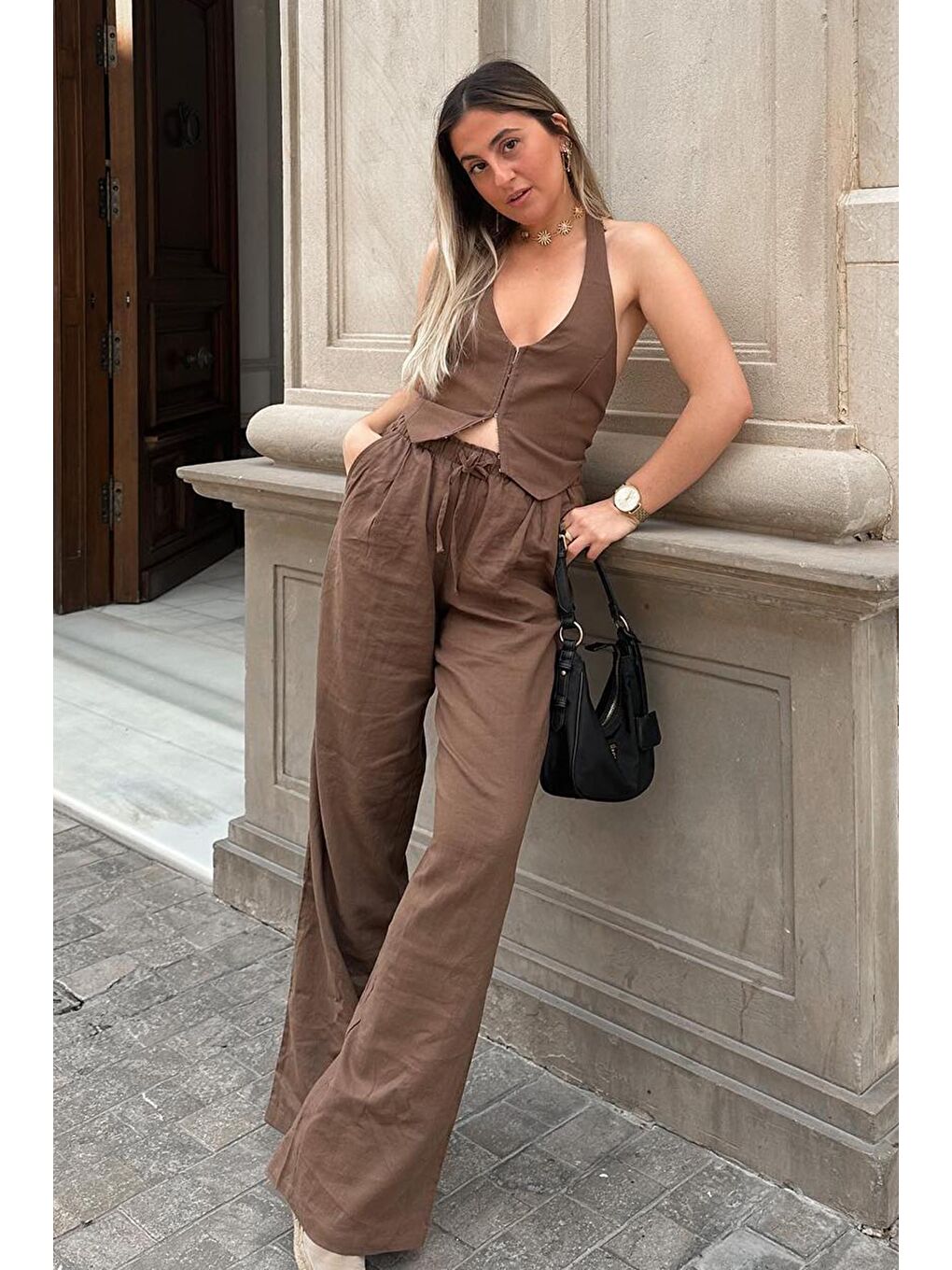 Kahverengi Beli Büzgülü Wide Leg Kumaş Pantolon Mg1950