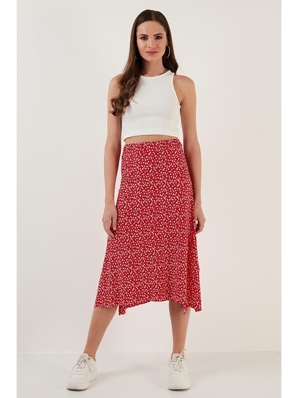 Kırmızı Desenli Volanlı Midi Boy Yırtmaçlı Etek 5864073-4