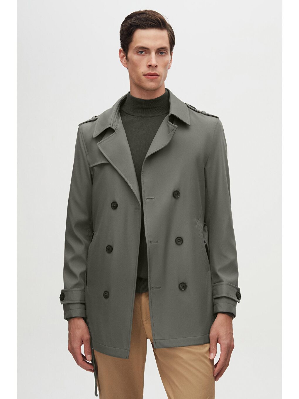 Regular Fit Haki Apoletli Beli Kemerli Pardösü/Trenckot-1