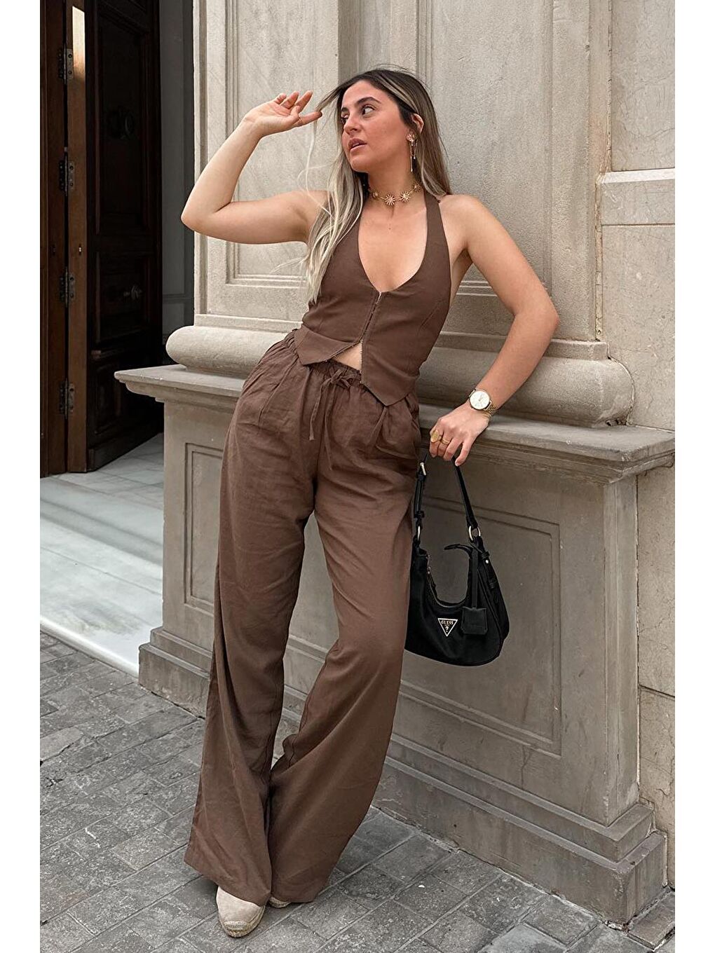 Kahverengi Beli Büzgülü Wide Leg Kumaş Pantolon Mg1950-1