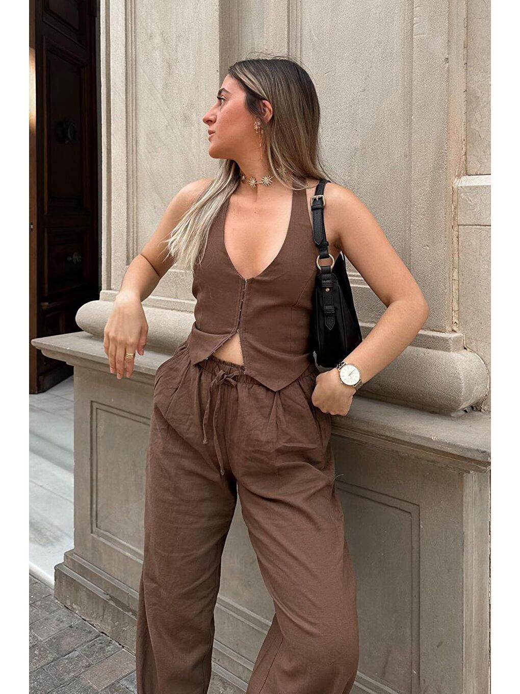 Kahverengi Beli Büzgülü Wide Leg Kumaş Pantolon Mg1950-2