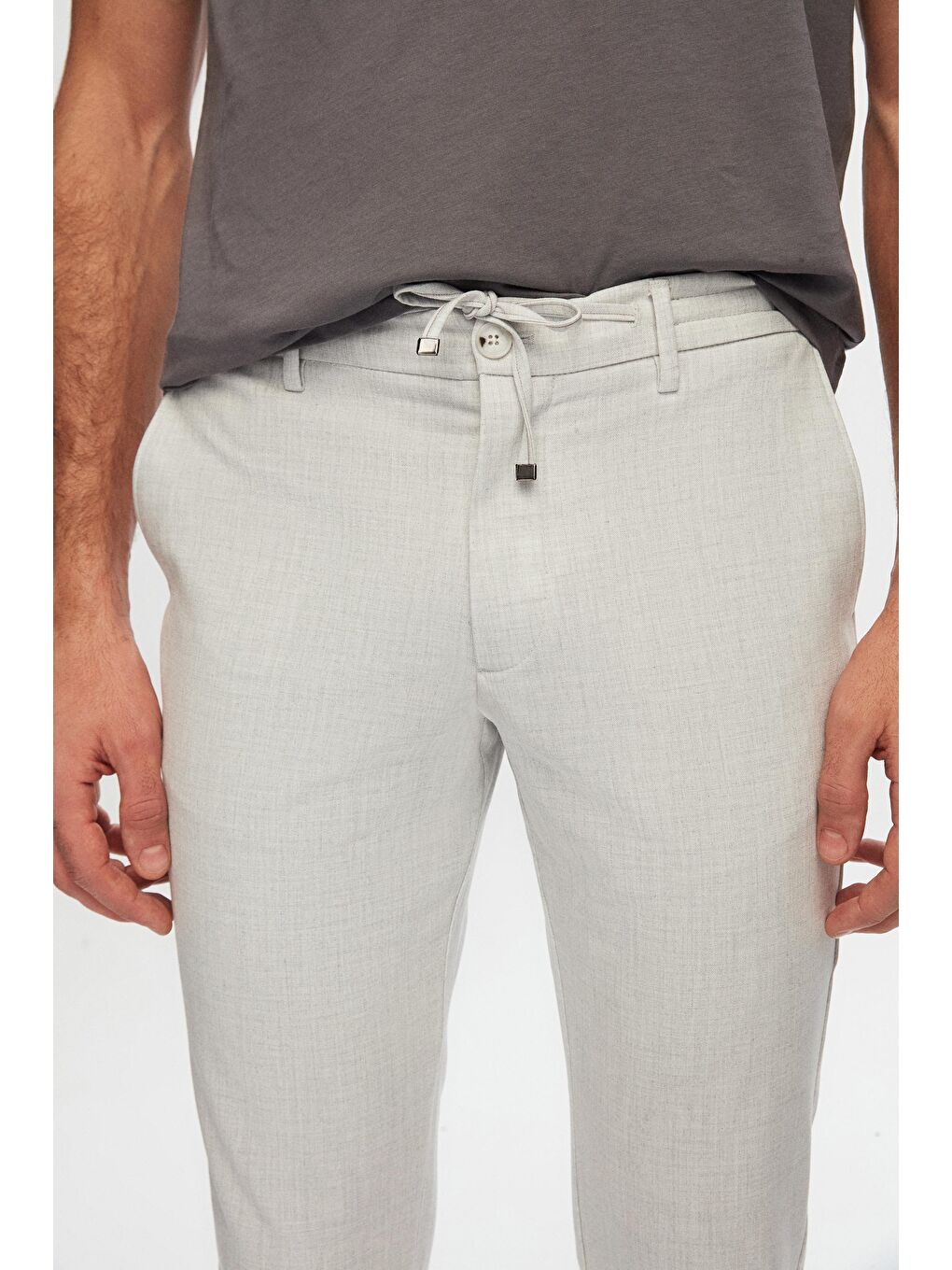 Bej Slim Fit Taş Beli Lastikli İpli Fermuarlı Elastanlı Rahat Jogger Pantolon-1