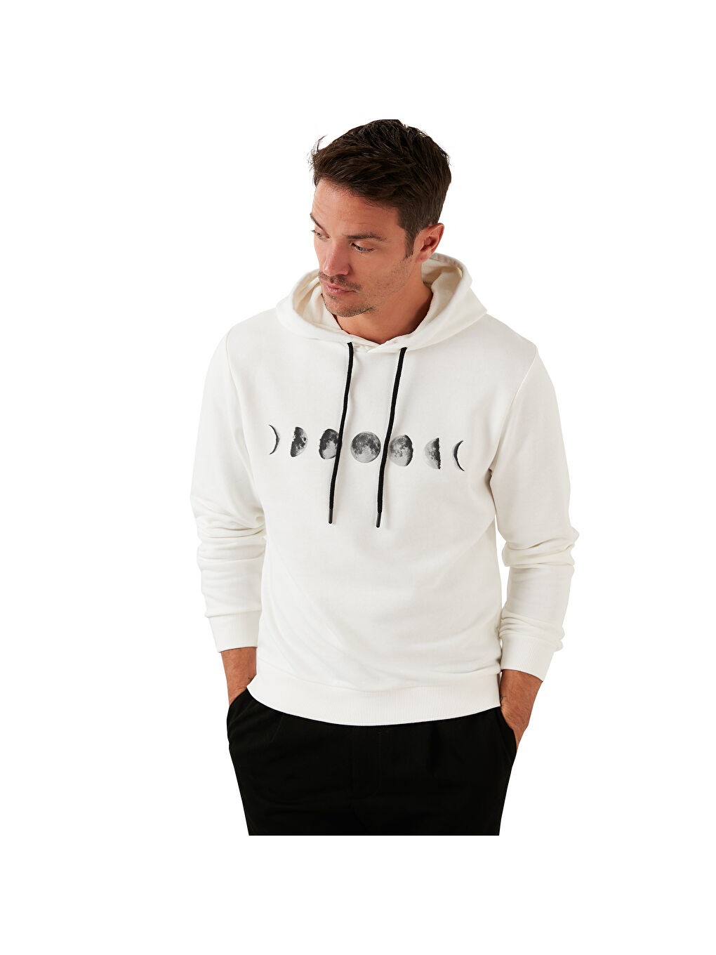 Ekru Pamuklu Baskılı Kapüşonlu Slim Fit Erkek Hoodie 5905238-5
