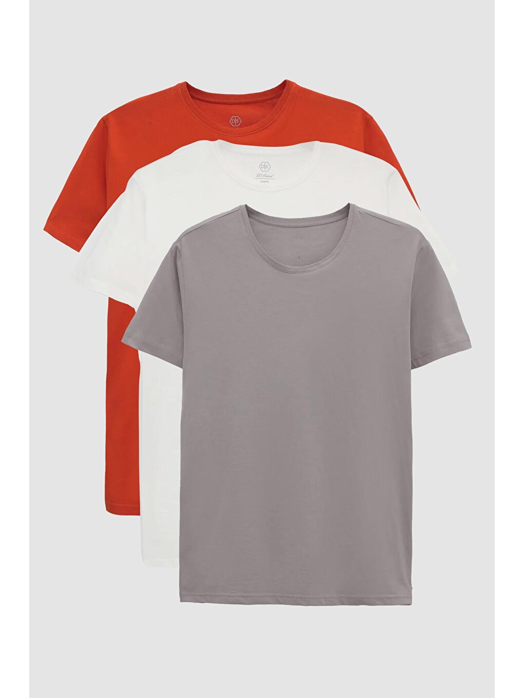 Slim Fit Kiremit/Gri/Beyaz 3'Lü T-Shirt