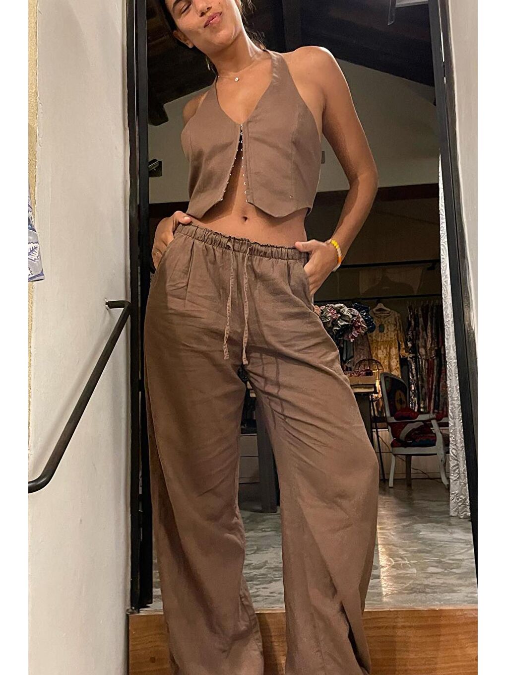 Kahverengi Beli Büzgülü Wide Leg Kumaş Pantolon Mg1950-3