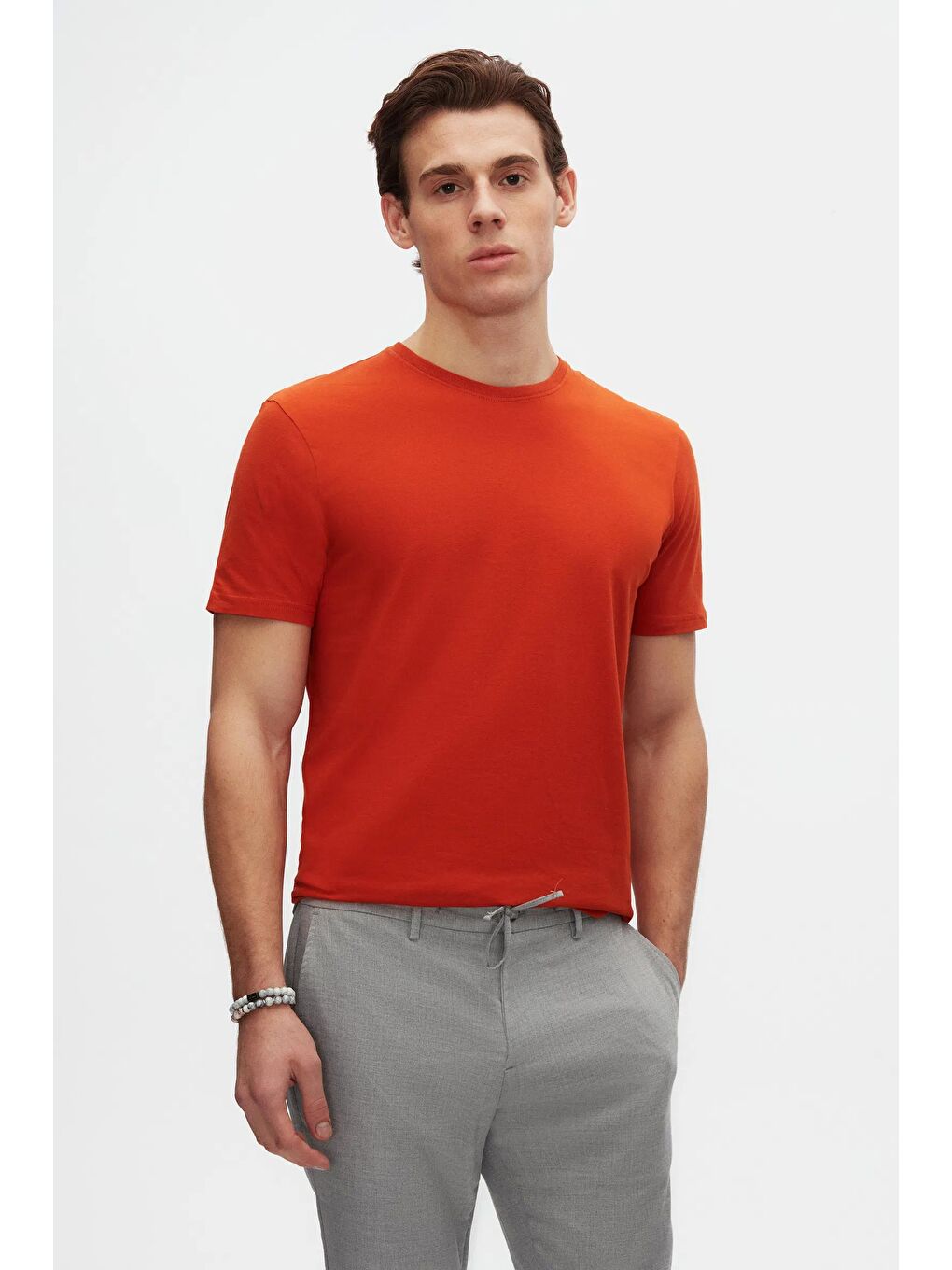 Slim Fit Kiremit/Gri/Beyaz 3'Lü T-Shirt-1