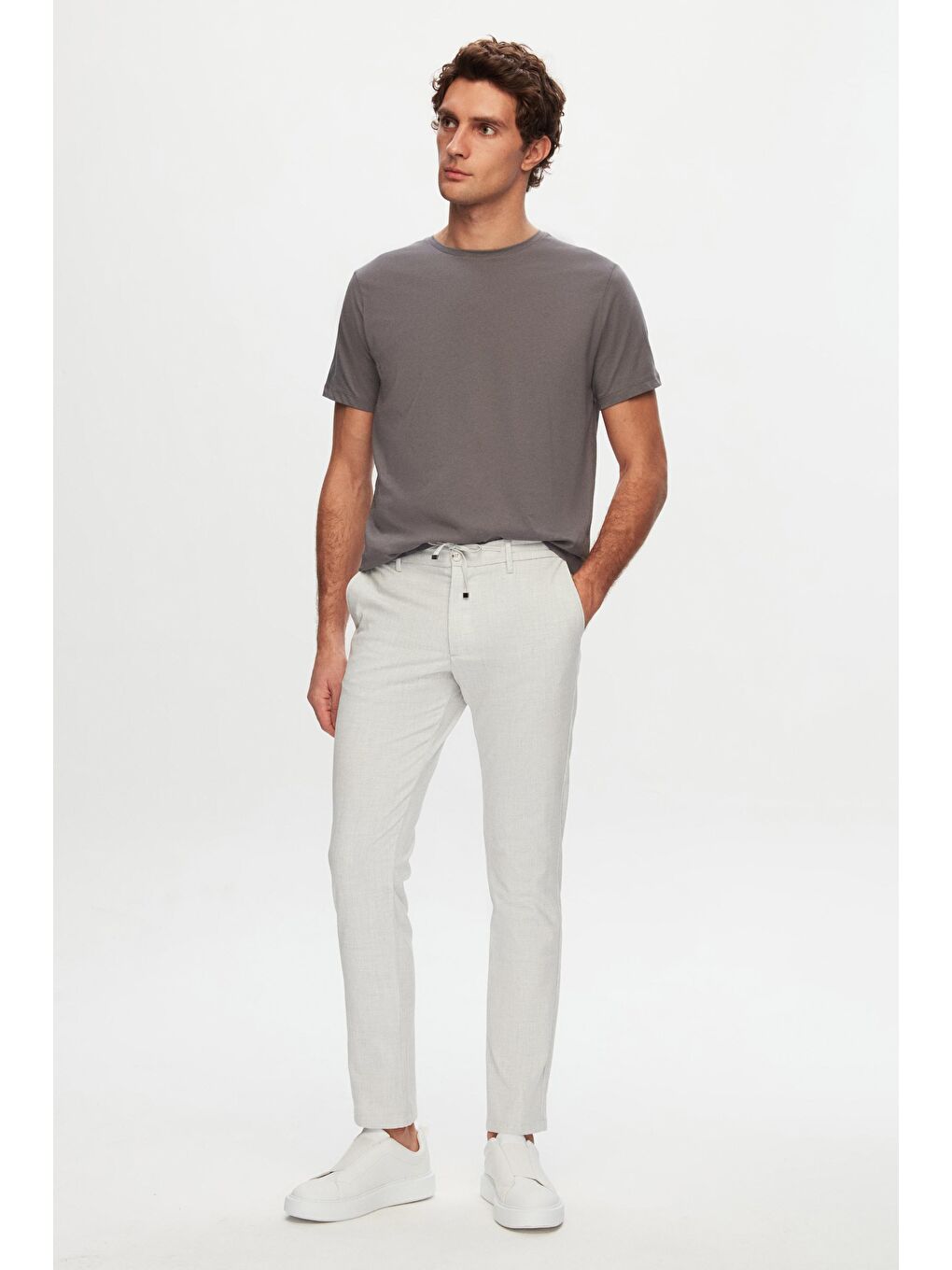 Bej Slim Fit Taş Beli Lastikli İpli Fermuarlı Elastanlı Rahat Jogger Pantolon-2